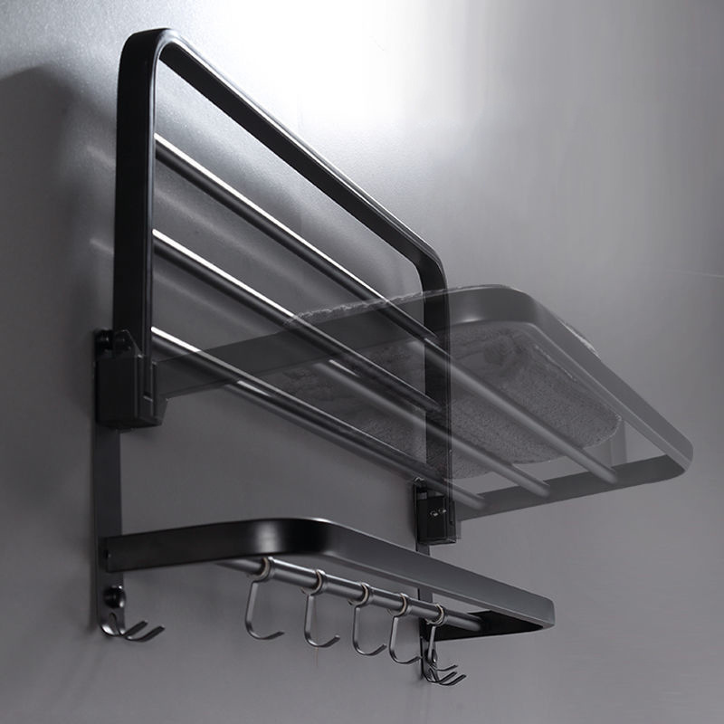 Foldable Bathroom Storage Shelf Wall Mouted Stainless Steel Black Matte Towel Rack With Hook Towel Bar