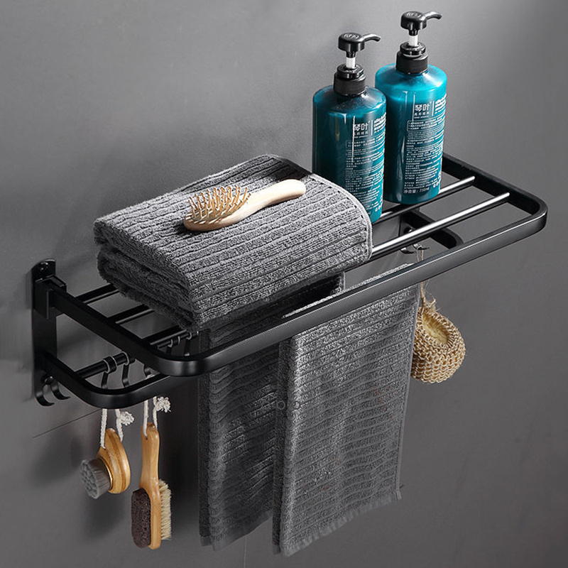 Foldable Bathroom Storage Shelf Wall Mouted Stainless Steel Black Matte Towel Rack With Hook Towel Bar