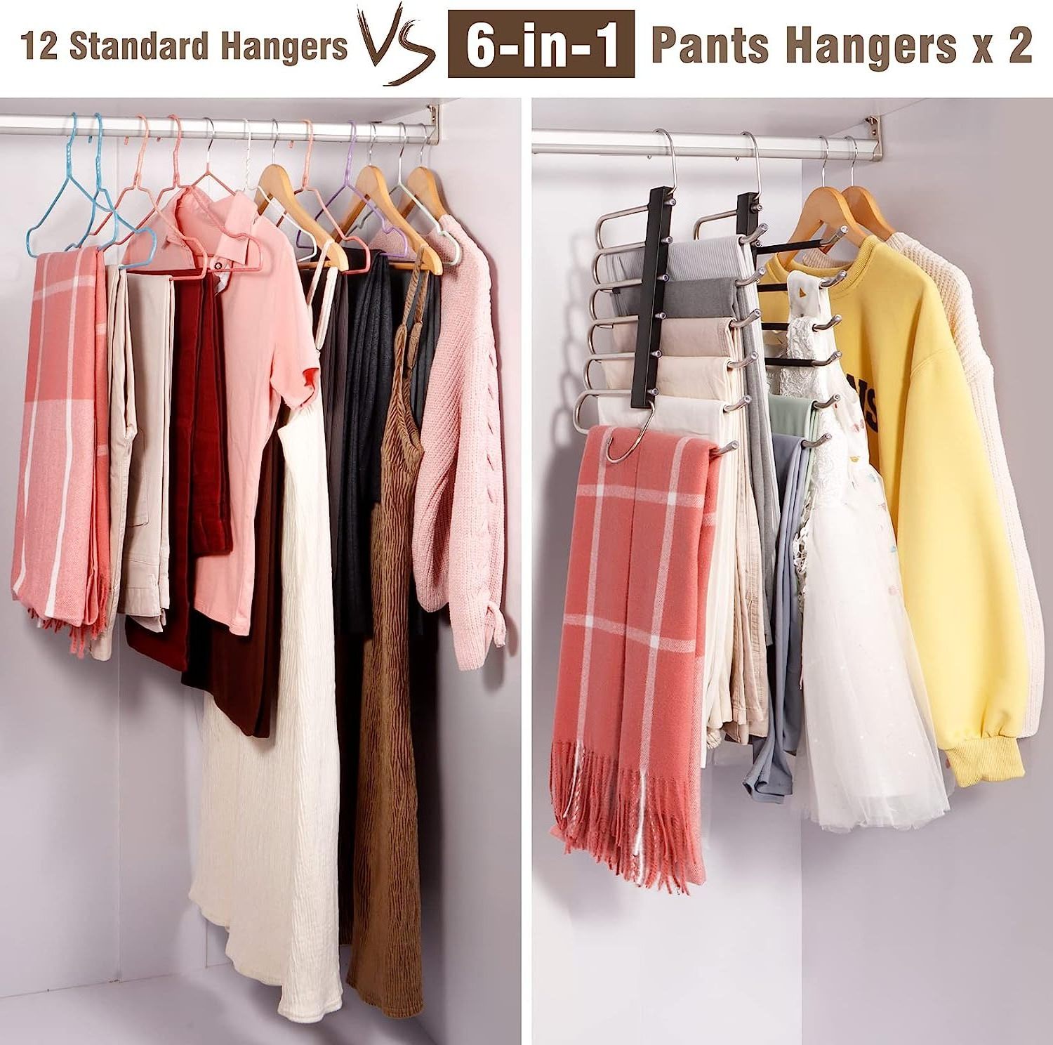 Space Saving 6 Tier Pant Hangers, Anti-Slip, Stainless Steel Clothes Hanger For Closet Storage Organizer