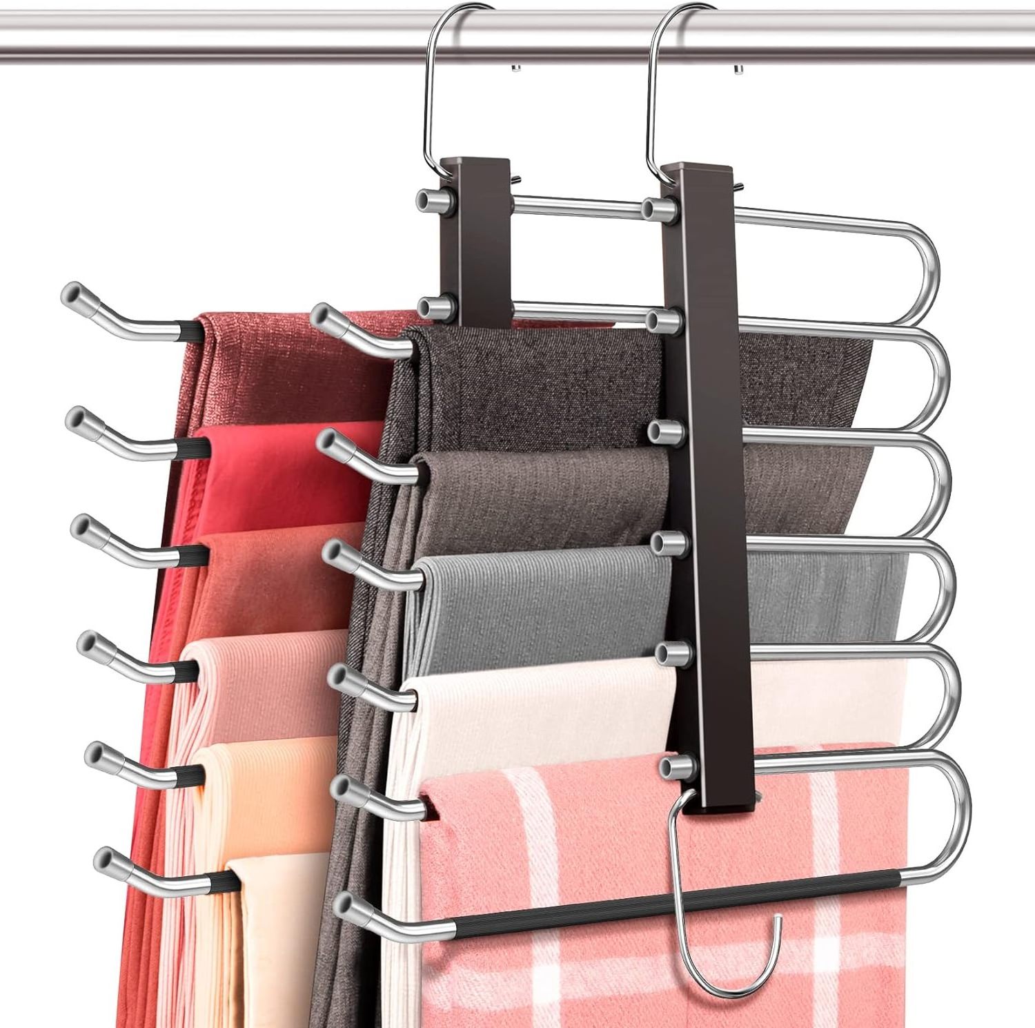 Space Saving 6 Tier Pant Hangers, Anti-Slip, Stainless Steel Clothes Hanger For Closet Storage Organizer