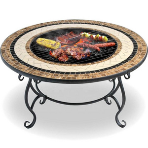 HongQiang Garden Round Fire Pit with ceramic tiles table Patio Backyard Fireplace Garden Mosaic Fire Pit Bbq Grill