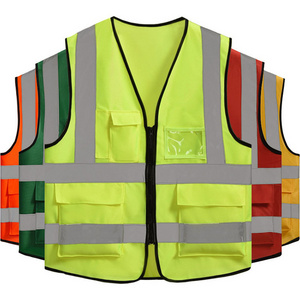 Wholesale  neon green safety vest with reflective strips  custom multi-pocket  practical reflective vest jacket