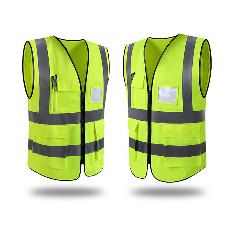 Wholesale  neon green safety vest with reflective strips  custom multi-pocket  practical reflective vest jacket