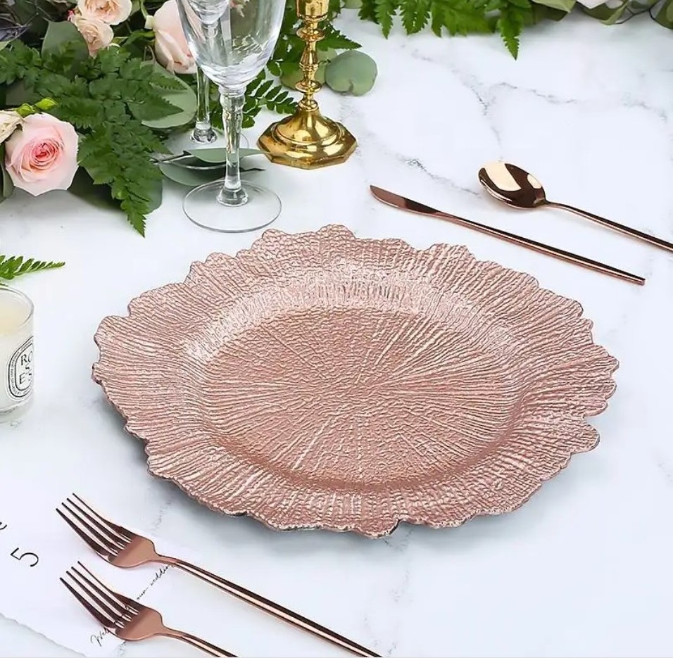 Customized Wedding Supplies Tableware Set Green Pink Gold Black Silver Gold Reef Rim Plastic Charger Plates