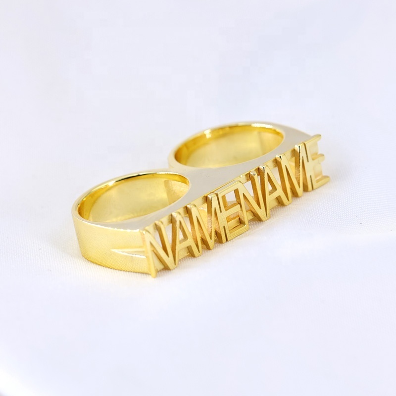 Gold Plated Two Fingers Ring Custom Name Letter Logo Men Women Knuckle Ring Punk Jewelry Stainless Steel 3D Nameplate Ring