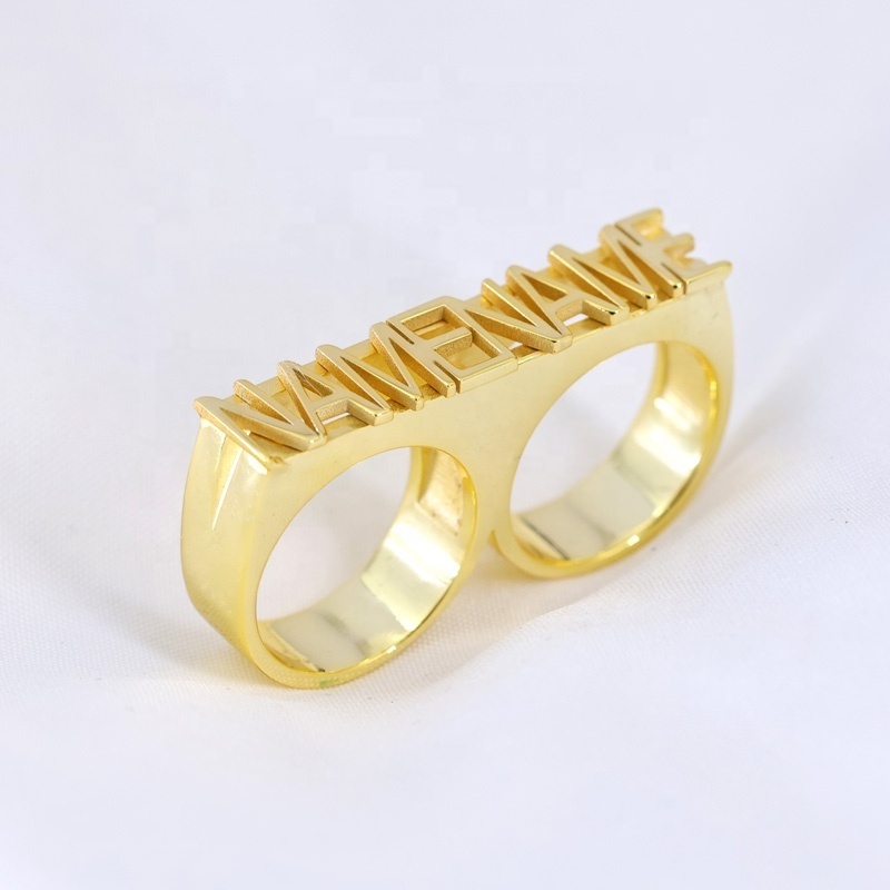 Gold Plated Two Fingers Ring Custom Name Letter Logo Men Women Knuckle Ring Punk Jewelry Stainless Steel 3D Nameplate Ring