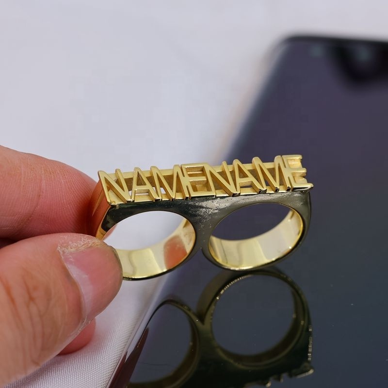 Gold Plated Two Fingers Ring Custom Name Letter Logo Men Women Knuckle Ring Punk Jewelry Stainless Steel 3D Nameplate Ring