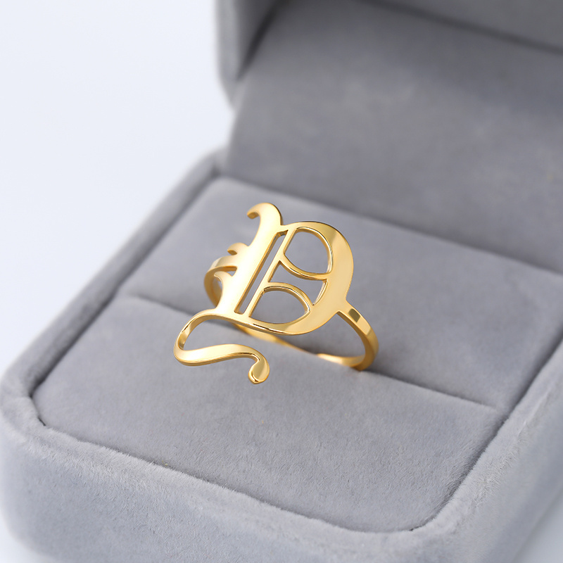 Women Fashion Letter Ring Gold  Personalized Gothic Old English Initial  Adjustable Ring Stainless Steel Custom Rings