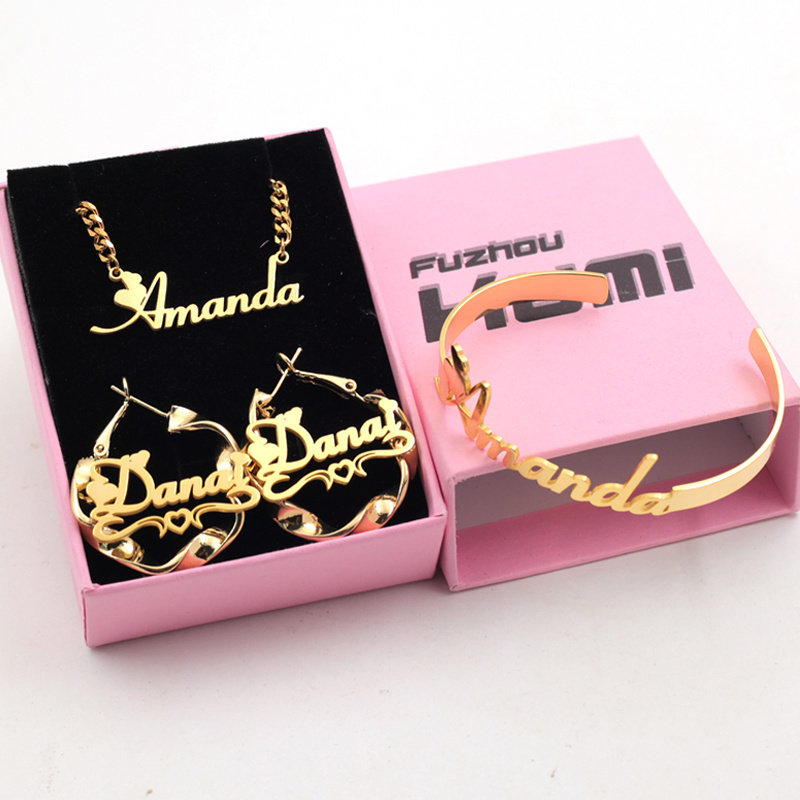 Custom Name logo jewelry set Baby Hoop Stainless Steel Earring Bracelet Bangle Nameplate Pendant Kids Initial Letter Necklace