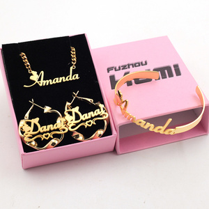 Custom Name logo jewelry set Baby Hoop Stainless Steel Earring Bracelet Bangle Nameplate Pendant Kids Initial Letter Necklace