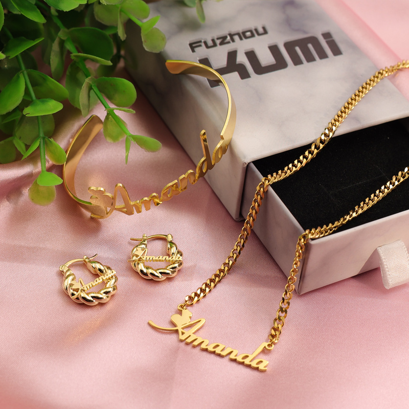 Custom Name logo jewelry set Baby Hoop Stainless Steel Earring Bracelet Bangle Nameplate Pendant Kids Initial Letter Necklace