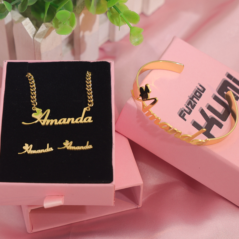 Custom Name logo jewelry set Baby Hoop Stainless Steel Earring Bracelet Bangle Nameplate Pendant Kids Initial Letter Necklace