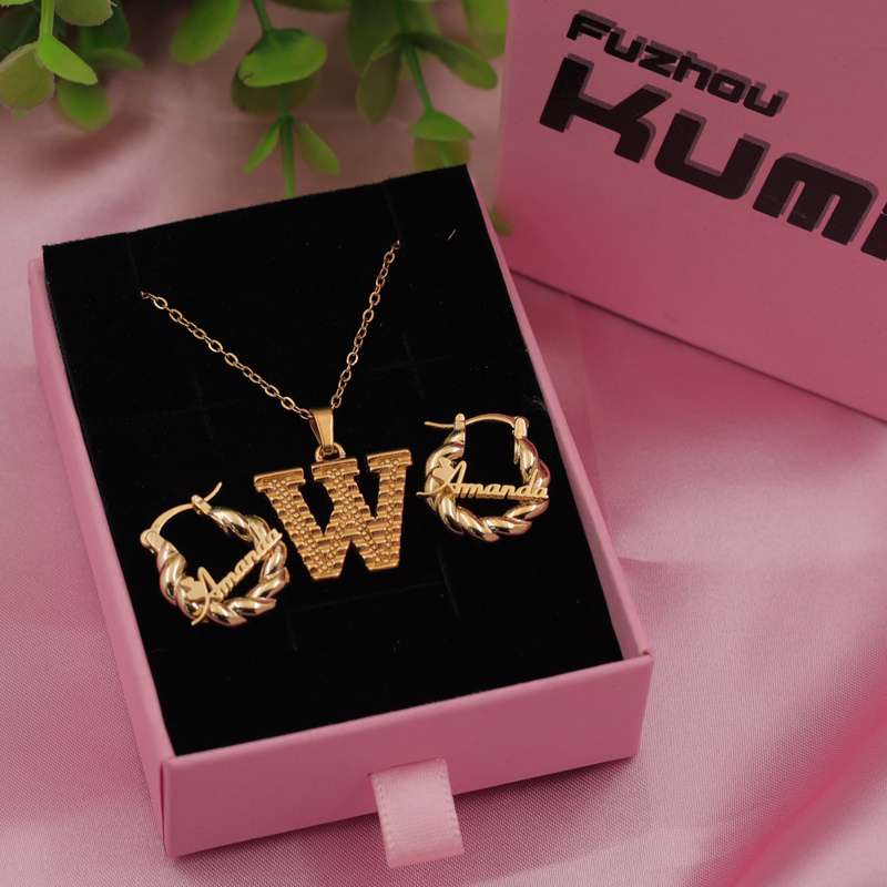 Custom Name logo jewelry set Baby Hoop Stainless Steel Earring Bracelet Bangle Nameplate Pendant Kids Initial Letter Necklace