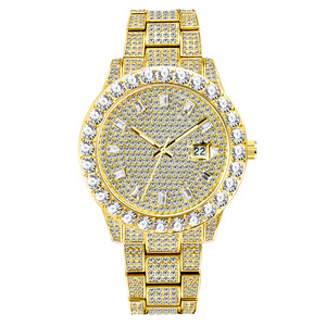 Fashion Men's Wrist Watch Luxury Full Diamond Custom Logo Stainless Steel Wrist Jewelry 18K Gold Plated Quartz Watches