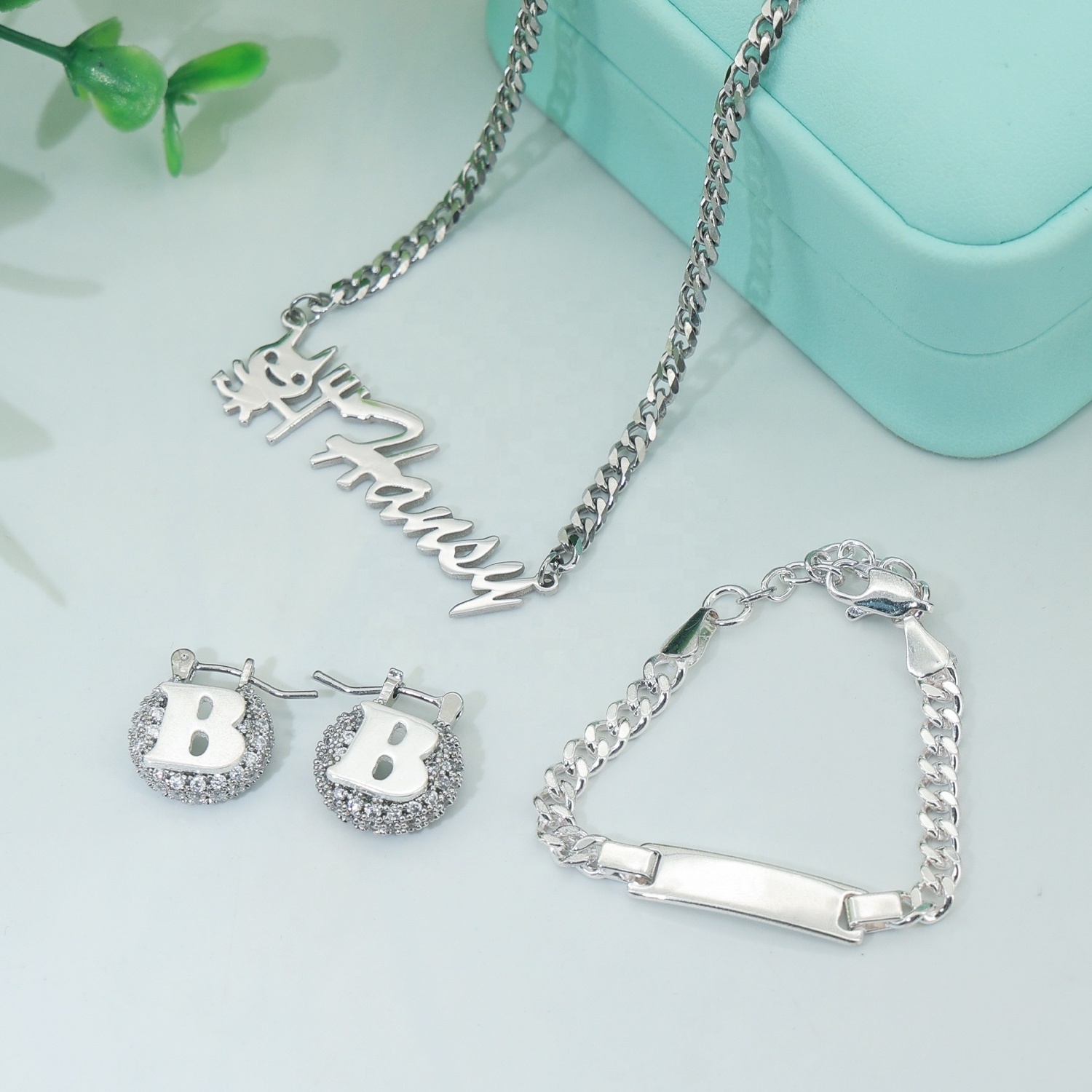 Customized kids Jewelry Sets Name Children's Set Personalized Letter Necklace Bangles Stainless Steel Mini Earring For Kids Gift