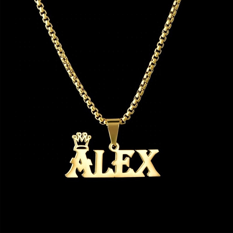 Stainless Steel Name Necklace Custom Crown Letter Pendant Gold Plated Personalized Jewelry Square Pearl Chain Initial Necklaces