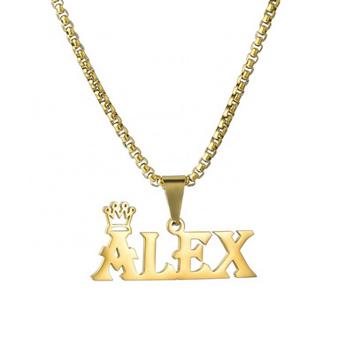 Stainless Steel Name Necklace Custom Crown Letter Pendant Gold Plated Personalized Jewelry Square Pearl Chain Initial Necklaces