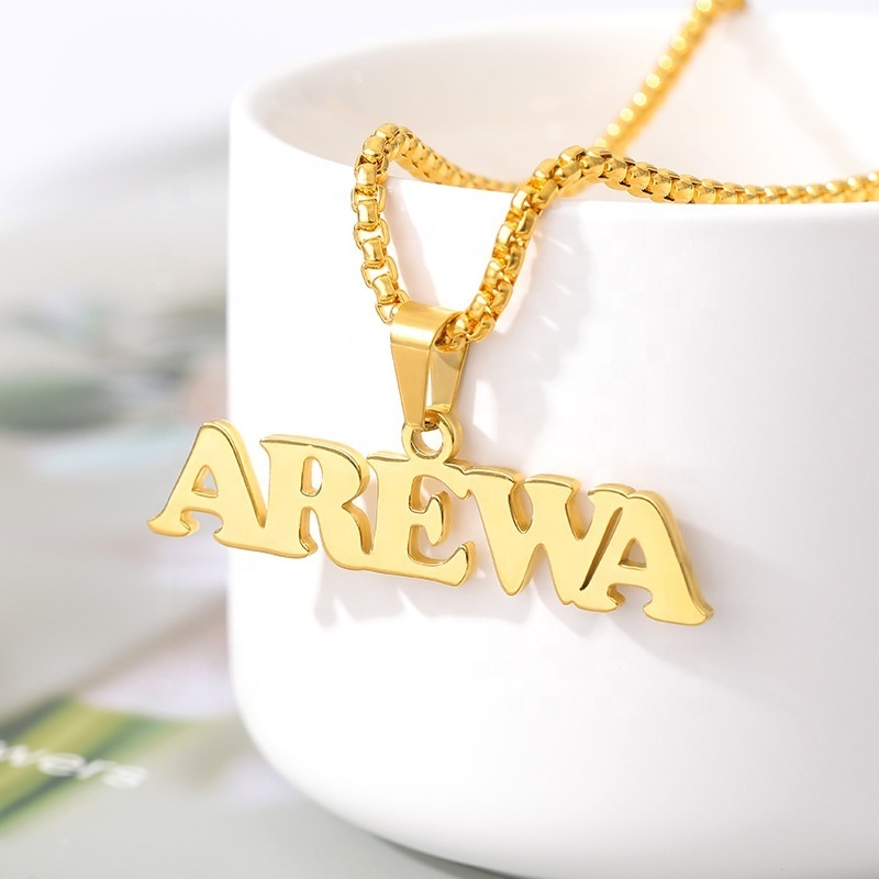 Stainless Steel Name Necklace Custom Crown Letter Pendant Gold Plated Personalized Jewelry Square Pearl Chain Initial Necklaces