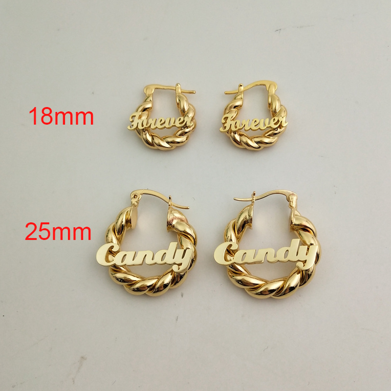 Mini Baby Girls Hoop Earring 18mm 25mm Custom Name Letter 18K Gold Stainless Steel Cute Kids Nameplate Jewelry Twist Earrings