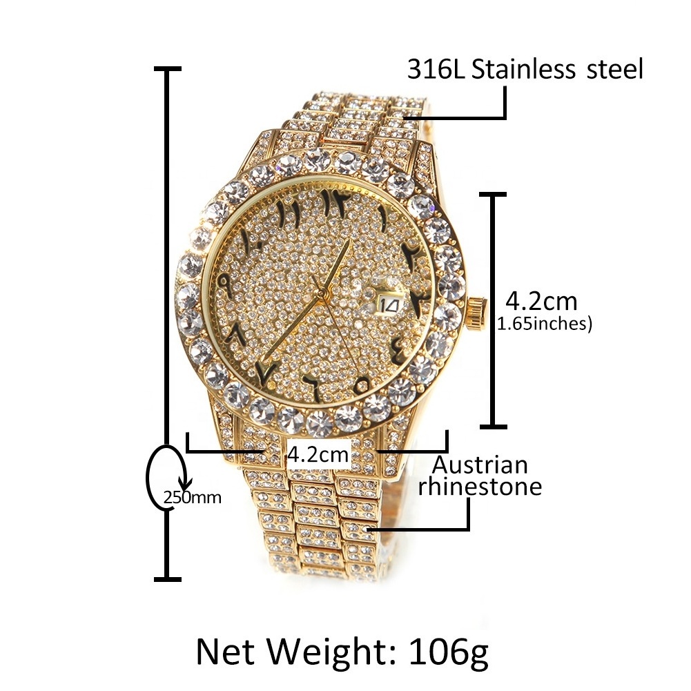 Hip Hop Iced Out Diamond Watch Men Women Arabic Number Full Zircon Stones Luxury Watches Quartz Waterproof