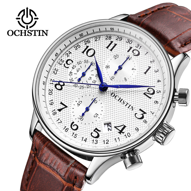 Hot Multifunctional Men's Watches Business Casual Leather Waterproof Light Weight Calendar Quartz Watch