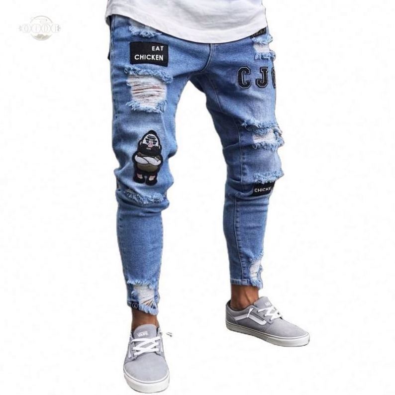 2018 Europea high wist men's patch jeans tapered wrinkle fashion denim pants