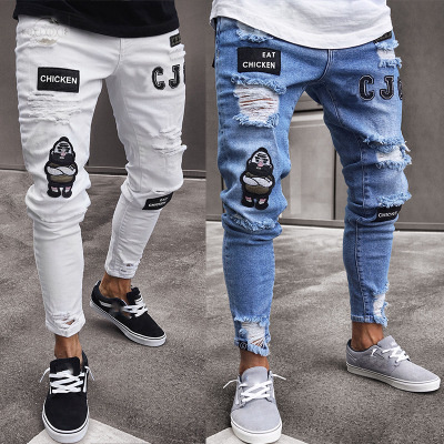 2018 Europea high wist men's patch jeans tapered wrinkle fashion denim pants