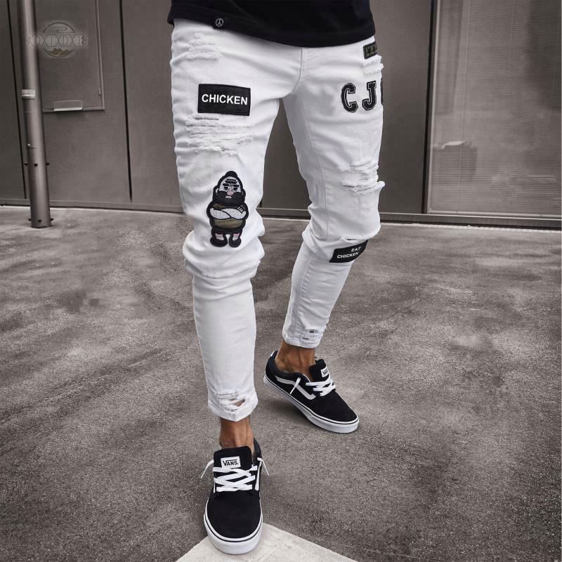 2018 Europea high wist men's patch jeans tapered wrinkle fashion denim pants