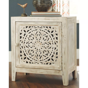 MAGI antique rustic white furniture carved wooden 1 door accent cabinet