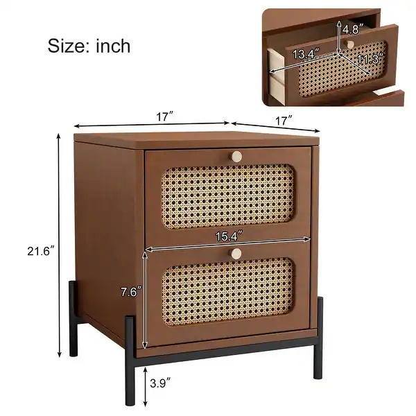 MAGI living room home furniture storage Solid wood Side Table Nightstand wooden cabinet with rattan baskets 2 drawers