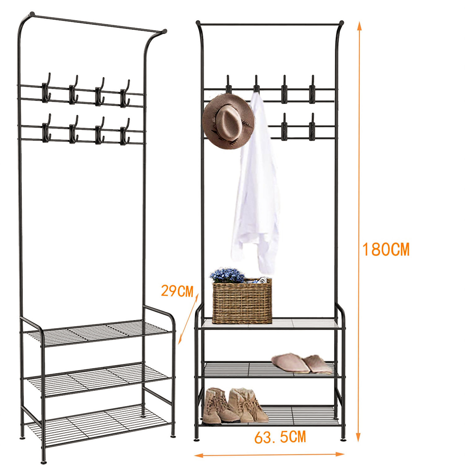 Living Room Organizer Modern Style Hall Tree 3 tier Iron Freestanding 8 Hook Shoe Coat Stand Rack