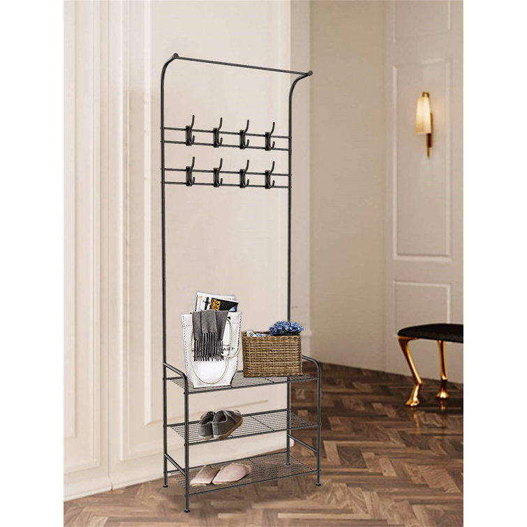 Living Room Organizer Modern Style Hall Tree 3 tier Iron Freestanding 8 Hook Shoe Coat Stand Rack