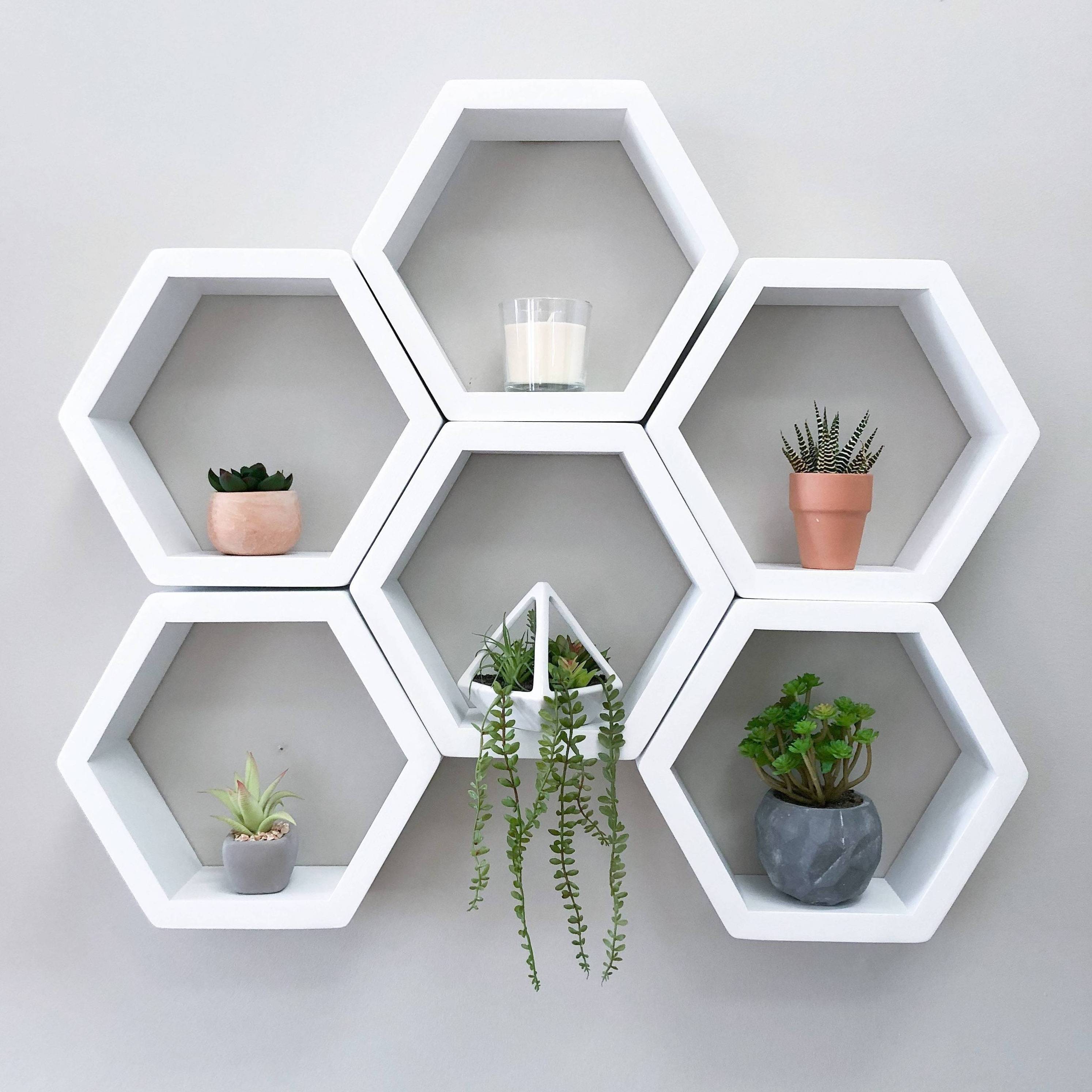 Set of 6 White Honeycomb Shelves wood storage shelf display Geometric wooden Floating Hexagon wall Shelf kitchen furniture