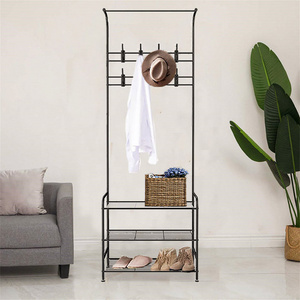 Living Room Organizer Modern Style Hall Tree 3 tier Iron Freestanding 8 Hook Shoe Coat Stand Rack