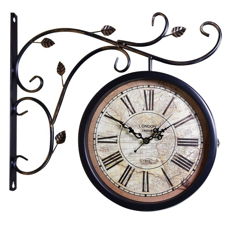 Home Retro Iron Silent Quartz Clock American Antique Craft Living Room Double Sided Wall Clock