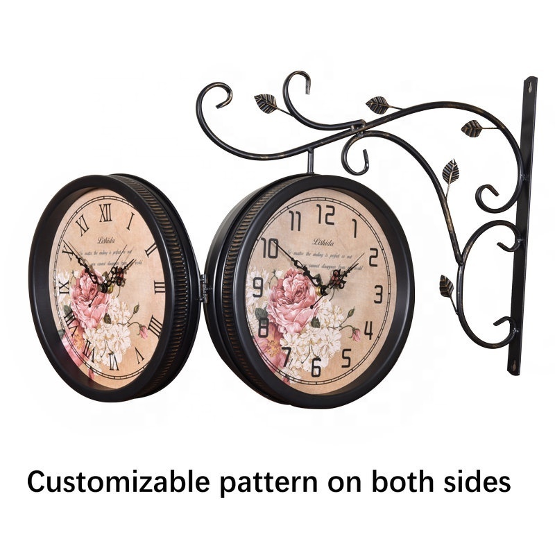 Home Retro Iron Silent Quartz Clock American Antique Craft Living Room Double Sided Wall Clock