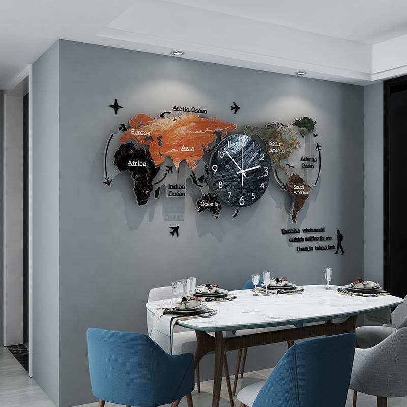 Modern creative design acrylic wall decor world map shape for living room bedroom dining room background wall hanging clock