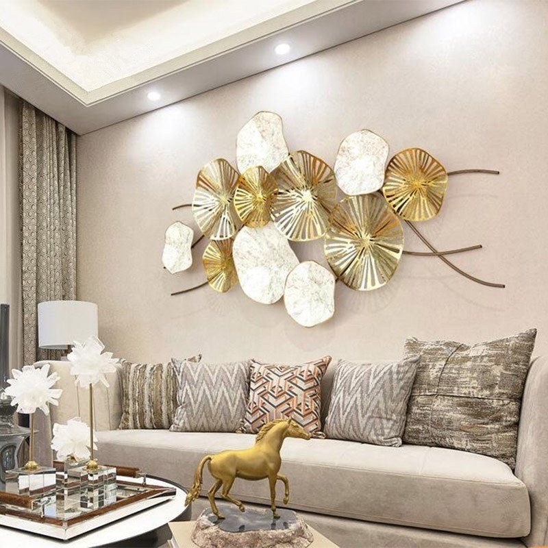 Light luxury European style 3d decoration round leaves gold wall art decor metal wall hanging for living room bedroom