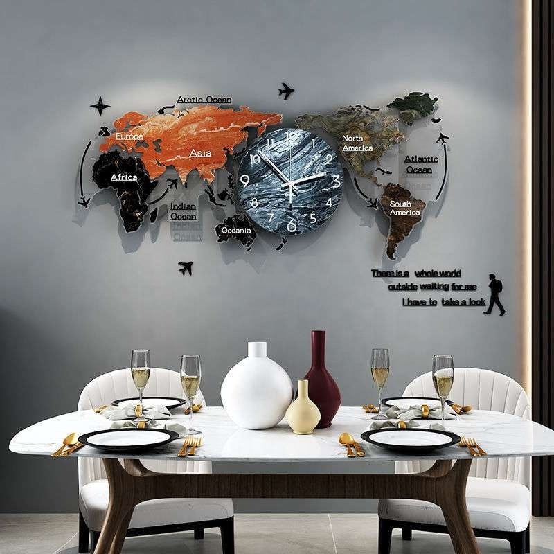 Modern creative design acrylic wall decor world map shape for living room bedroom dining room background wall hanging clock