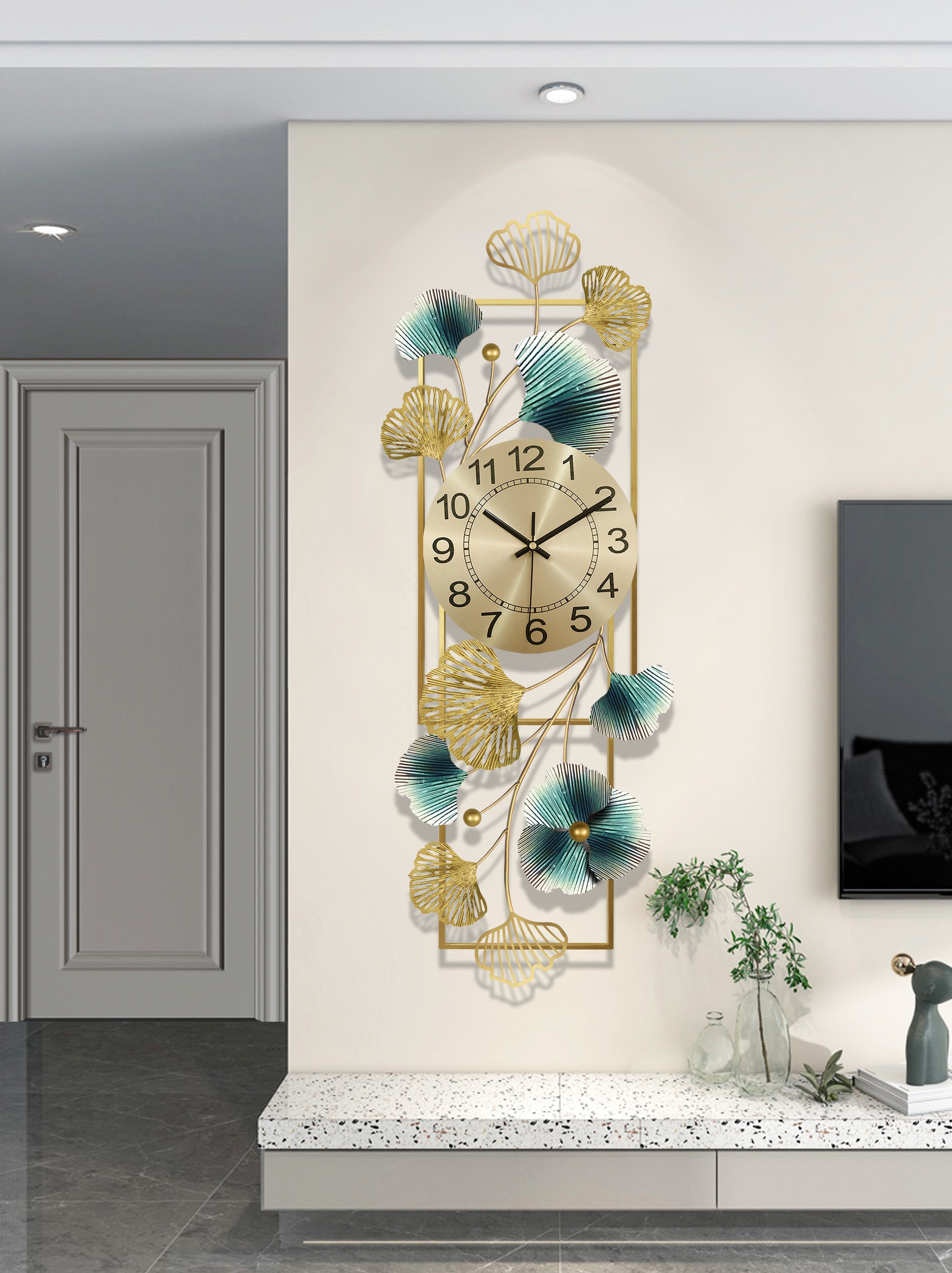 light luxury ginkgo leaf design wall art 3d metal wall clock for living room bed room background wall clock