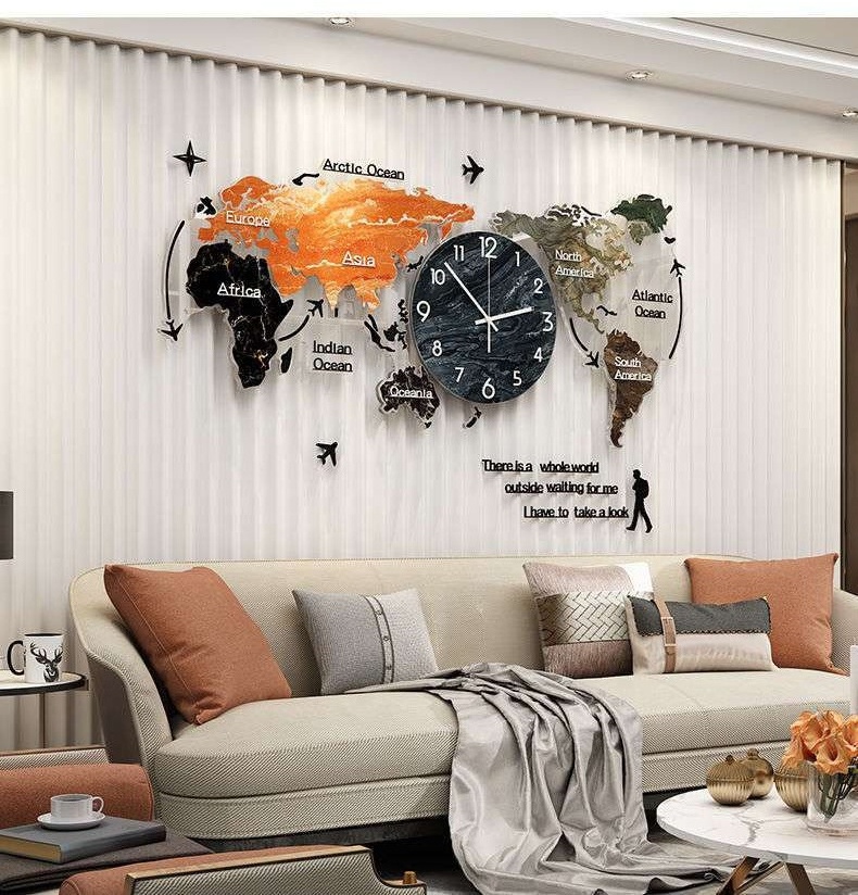 Modern creative design acrylic wall decor world map shape for living room bedroom dining room background wall hanging clock