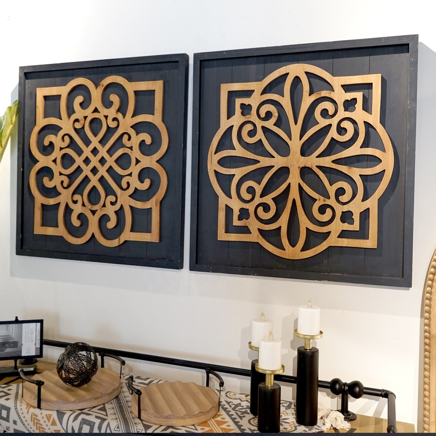 New Design Solid Wood Black Spray Paint Hollow Carving Wall Decor Item Custom Picture Wall Hanging Decor