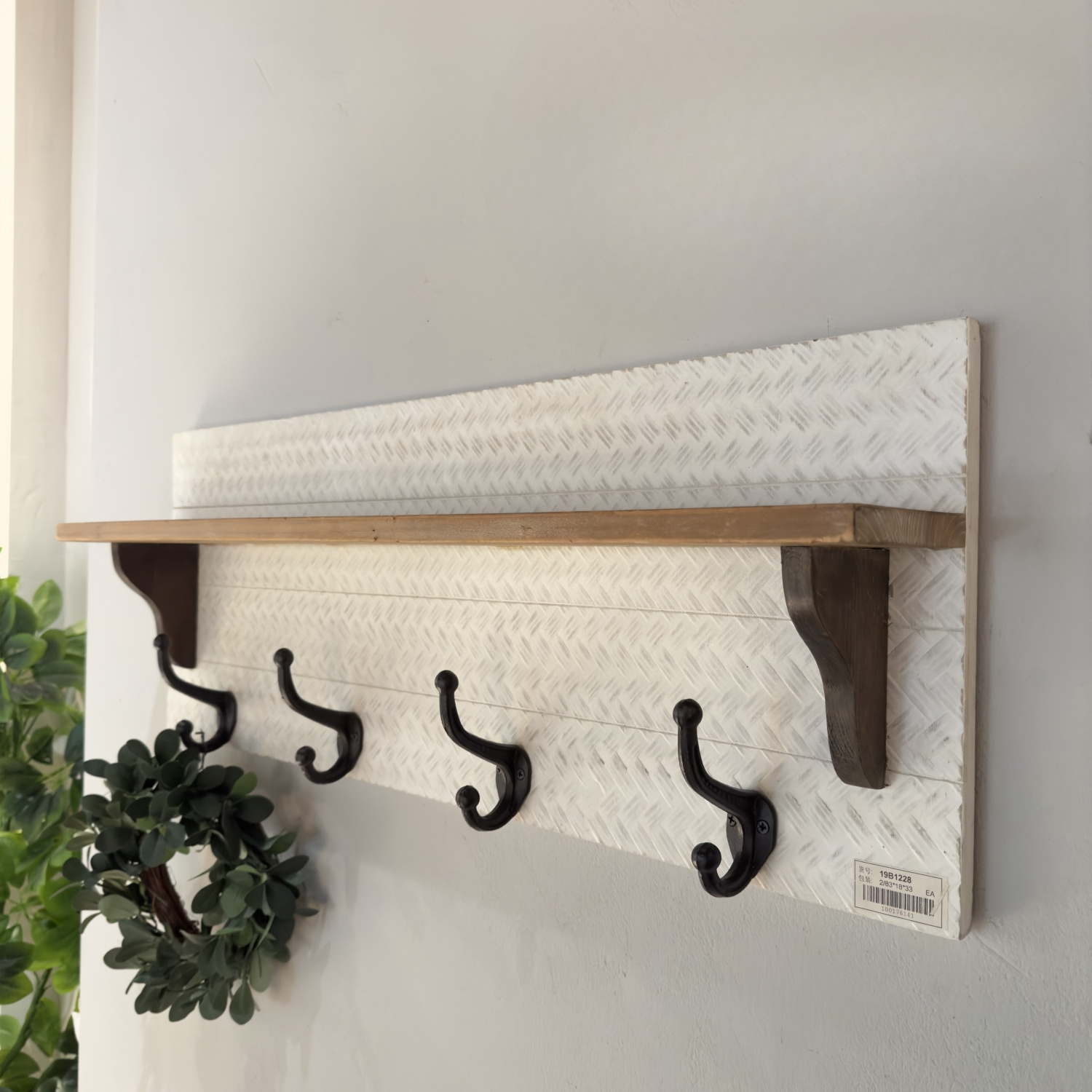 Wooden Wall Decoration Shelf With Four Metal Hooks Home Entryway Wall Decoration Hanger Hook Shelf