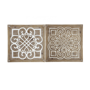 Square Frame Wood Carved White Pattern Wall Decor Item Garden Home Living Room Wall Art Decoration