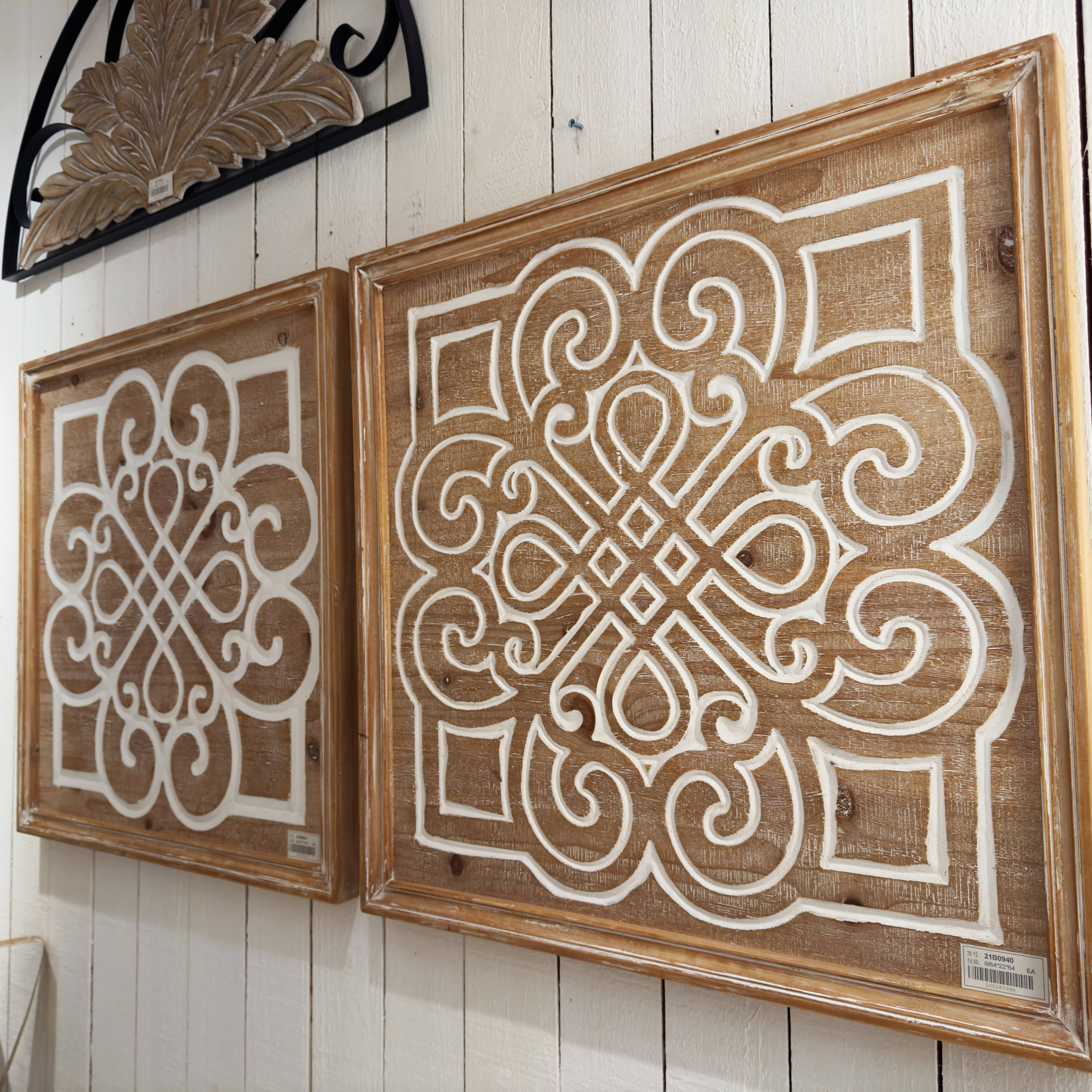 Square Frame Wood Carved White Pattern Wall Decor Item Garden Home Living Room Wall Art Decoration