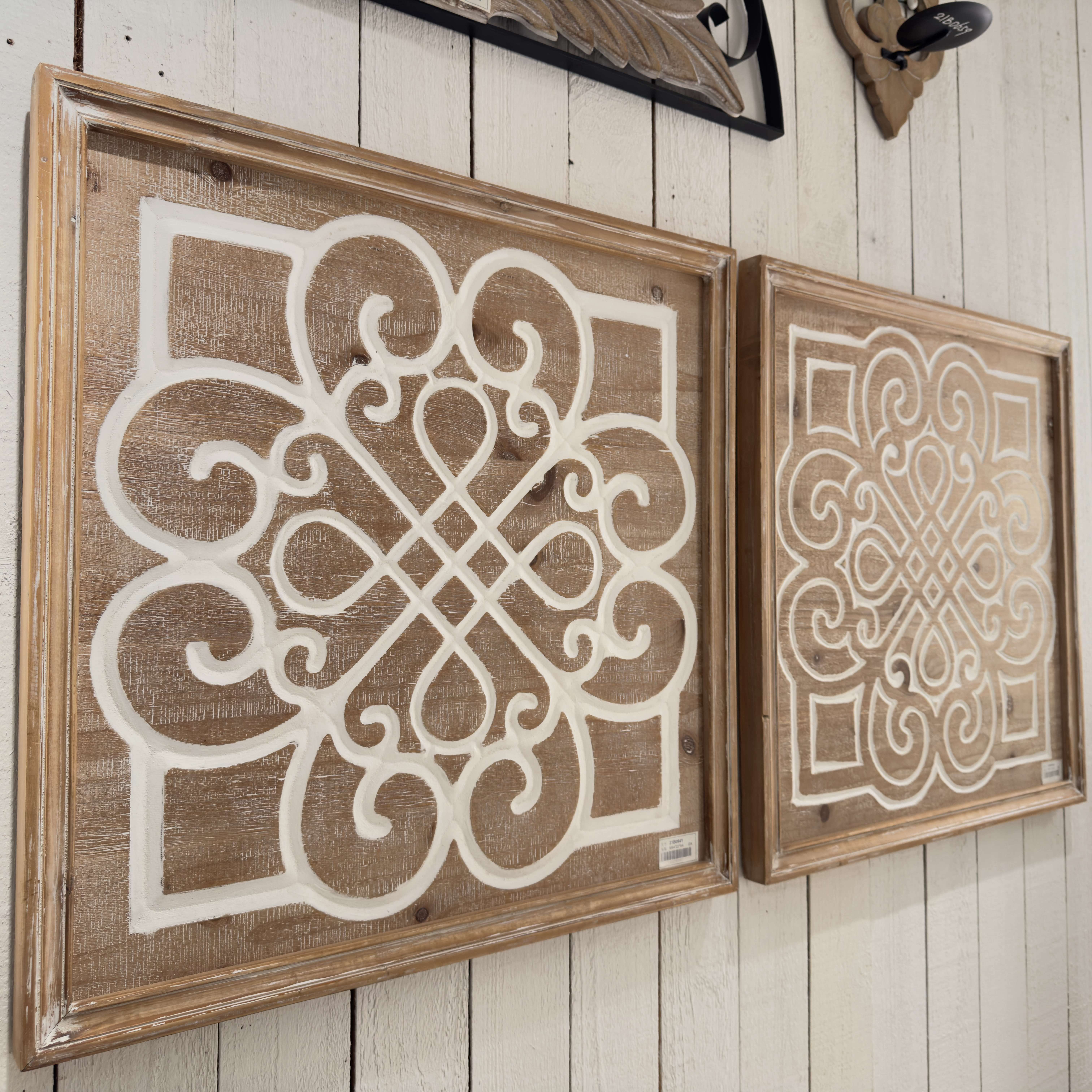 Square Frame Wood Carved White Pattern Wall Decor Item Garden Home Living Room Wall Art Decoration