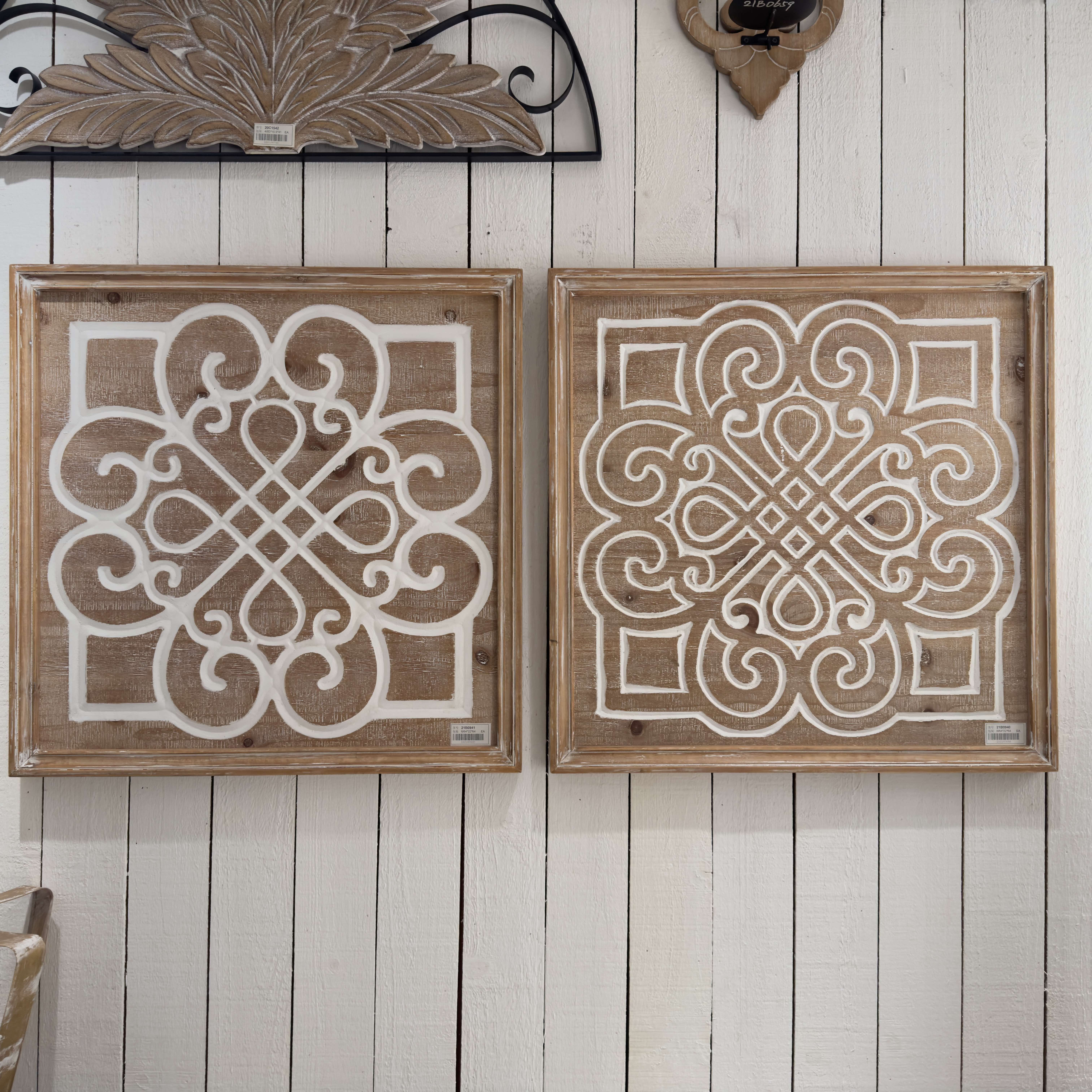 Square Frame Wood Carved White Pattern Wall Decor Item Garden Home Living Room Wall Art Decoration