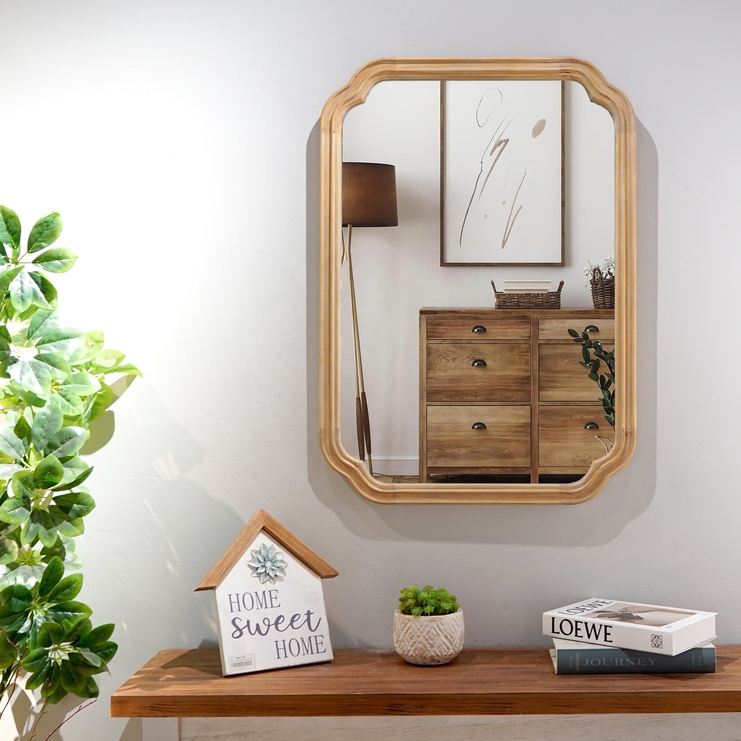 Modern Country Decoration Wood Frame Round Corner Arched Wall Mirror Living Room Wood Frame Design Wall Vanity Mirror Decoration