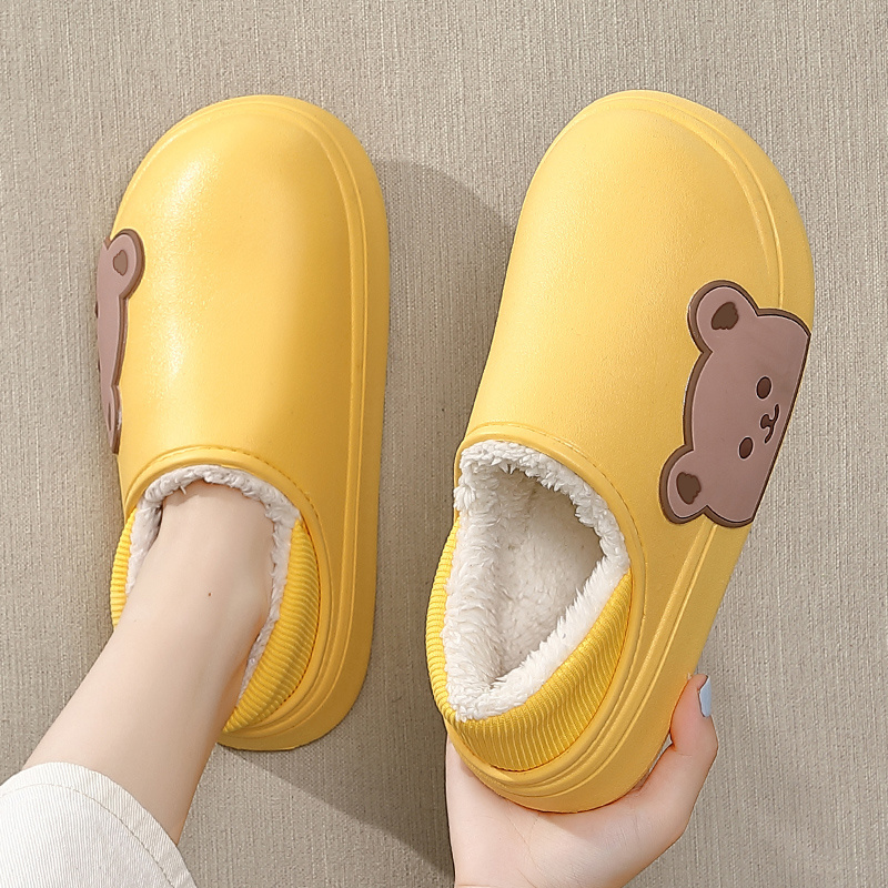 Home Winter Women Thick Platform Waterproof Non-Slip Rubber Slippers Warm Indoor Fur Cotton Men Couples Ladies Cartoon Shoes