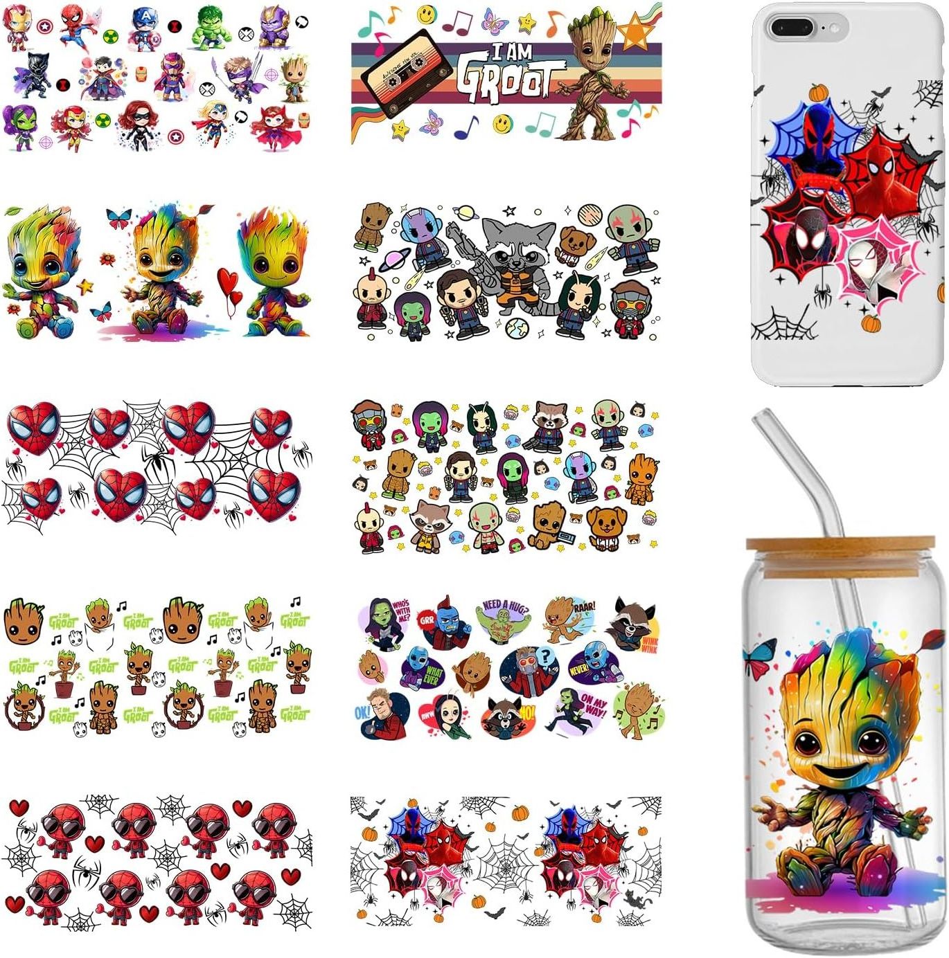 Avengers Groot Star Lord UV DTF Cup Wrap Transfer for Glass Cartoon Super Hero Cup Wrap Transfer Sticker for 16OZ Glass Cups DIY